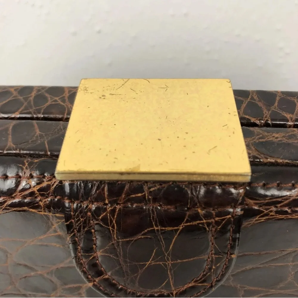 VTG Mark Cross Satchel Box Bag Brown Alligator Leather Gold Hardware Dust Bag